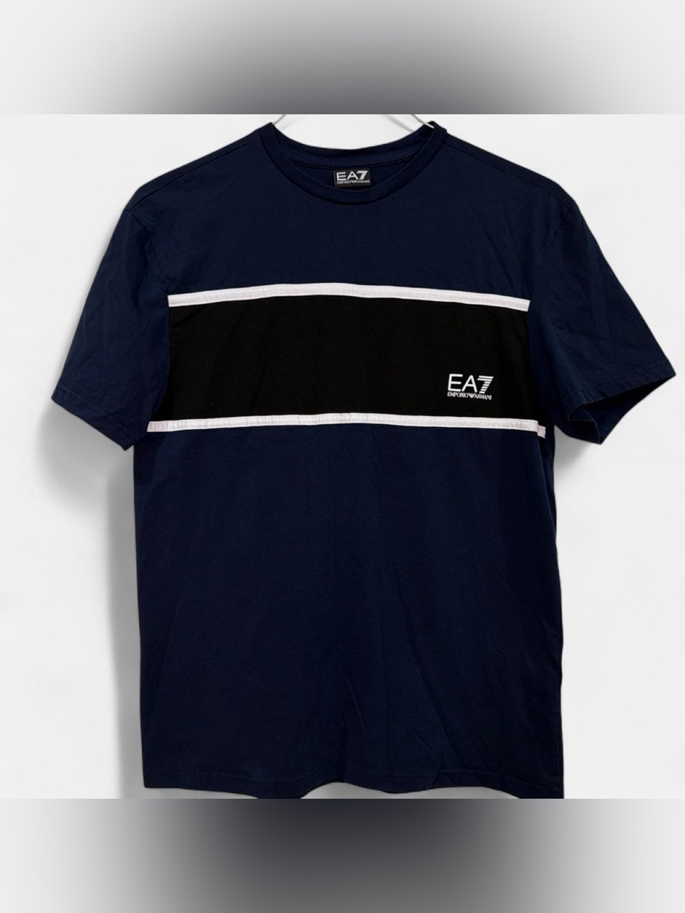 Emporio Armani Navy T-Shirt with Black Chest Panel and White Trim
